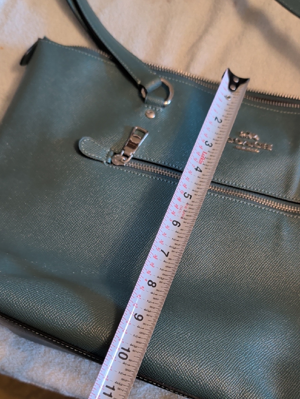 Coach Teal Green Leather Shoulder Tote with Exterior Zip Pocket - Picture 2 of 6